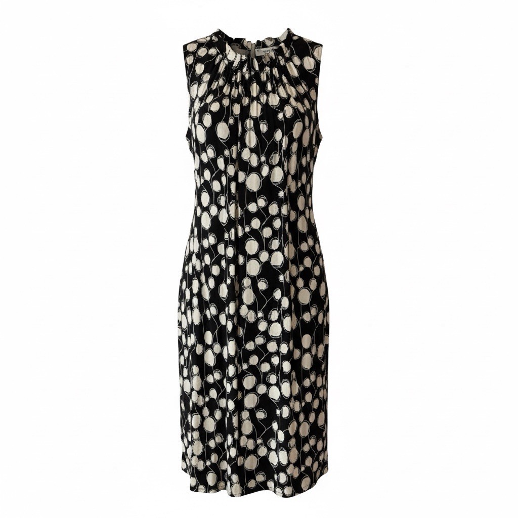 Nounke Sleeveless Dress L Black Ivory Abstract Dot Print Gathered Neck Israel