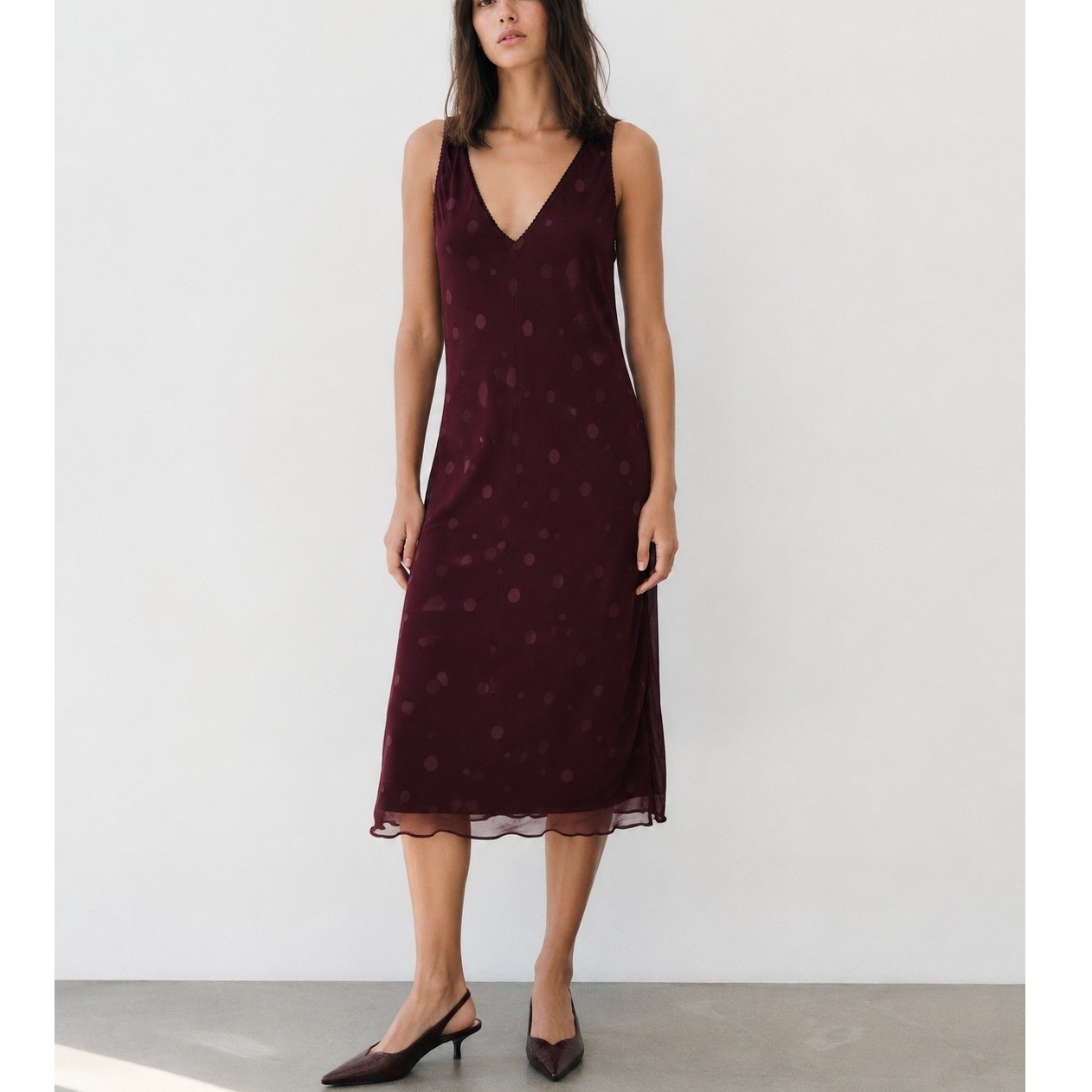 Claudie Pierlot REVE Burgundy Polka Dot Midi Slip Dress Y2K Size 1 US 4
