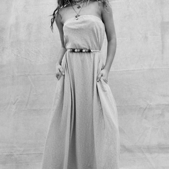 Strapless Maxi Dress Casual Sundress Beaded Belt Bohemian Style Grey Brown