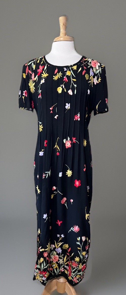Vintage Black Floral Tie Back Rayon 90s Dress Cottage Core Grunge Size 16