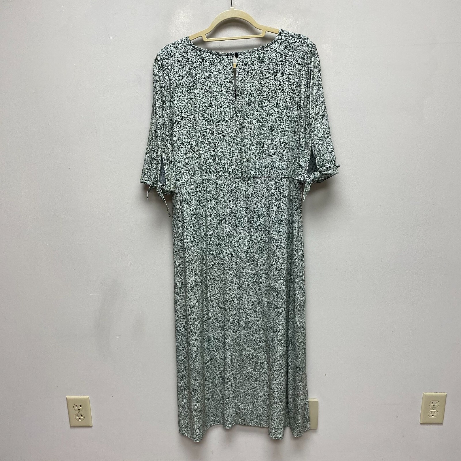 Able Creme Pin Dot Viscose Simone Tie-Sleeve V-Neck Midi Shift Dress L $155 New