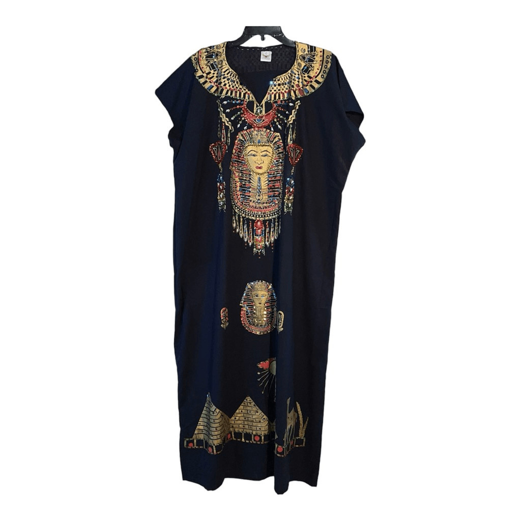 Horus Vintage Egyptian Beaded Dress Size 8 Black/Gold Kaftan Robe Nefertiti