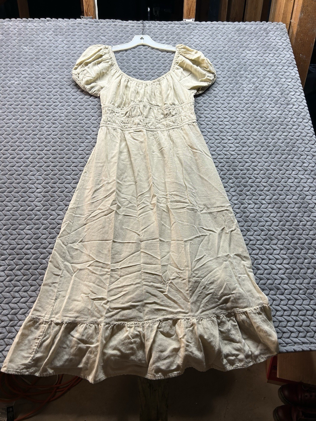 Sim & Sam Rayon Linen Blend Cottagecore Prairie Midi Dress Ivory Puff Sleeve M