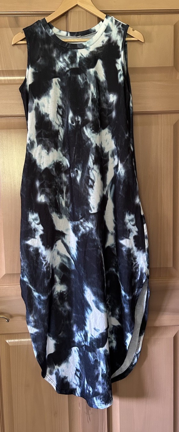 Black & White Tie Dye Sleeveless Maxi Tank Dress with Side Slits, Size S Beach