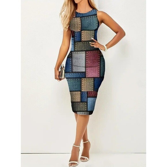 Color Block Tank Dress, Elegant Bodycon Sleeveless Crew Neck Dress, Women’s Clot