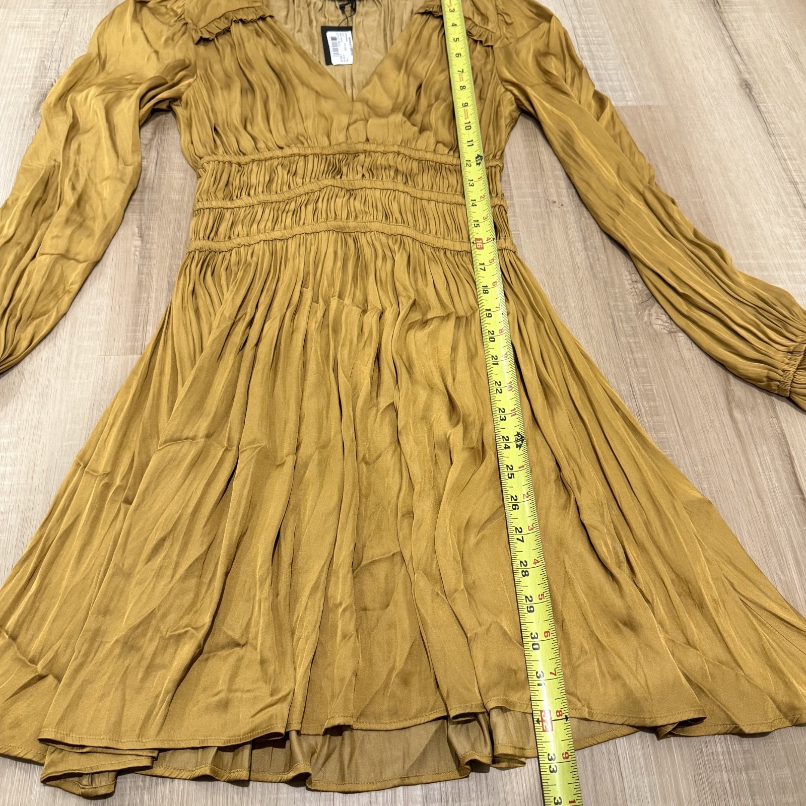 Maje Riane Ruched Satin Mini Dress in Gold Size 35 (NWT)