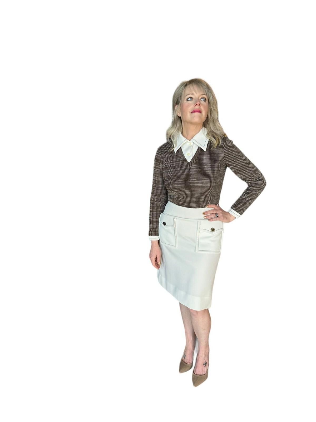 Brown & Cream Butte Knit 100% Textured Dacron Polyester Long Sleeve Dress