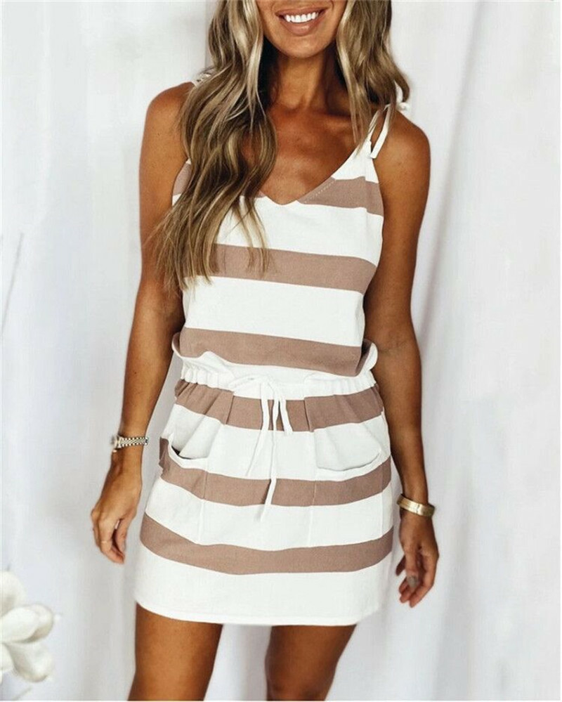 Women’s Strap-Up Mini Dress Women’s V-Neck Striped Sun Dress