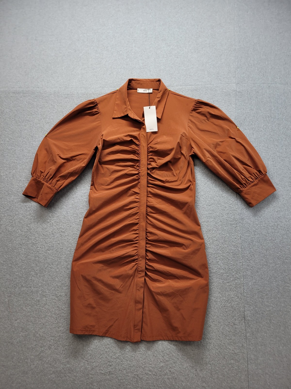 MNG Women Dress 6 Rust Ruched Short Puff Sleeve Collared Slim Shirt Mini Fit