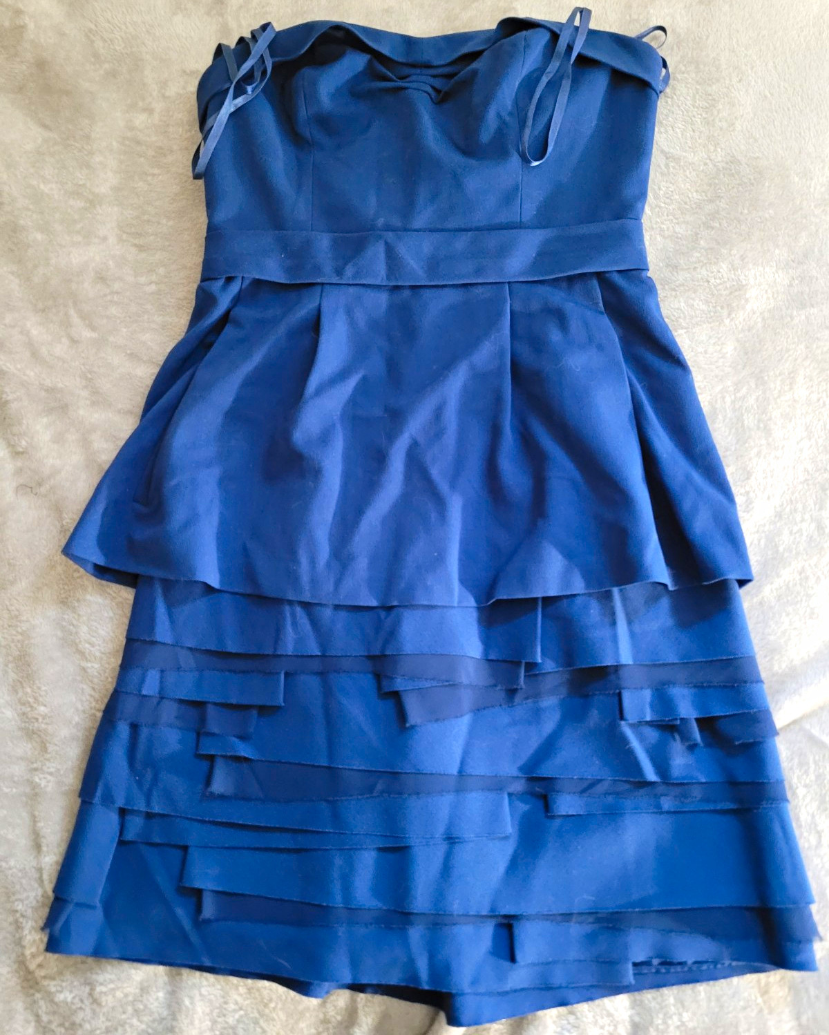 BCBGMAXAZRIA Women’s Blue Fit & Flare Dress Size 4 Strapless Zip Ruffle Short