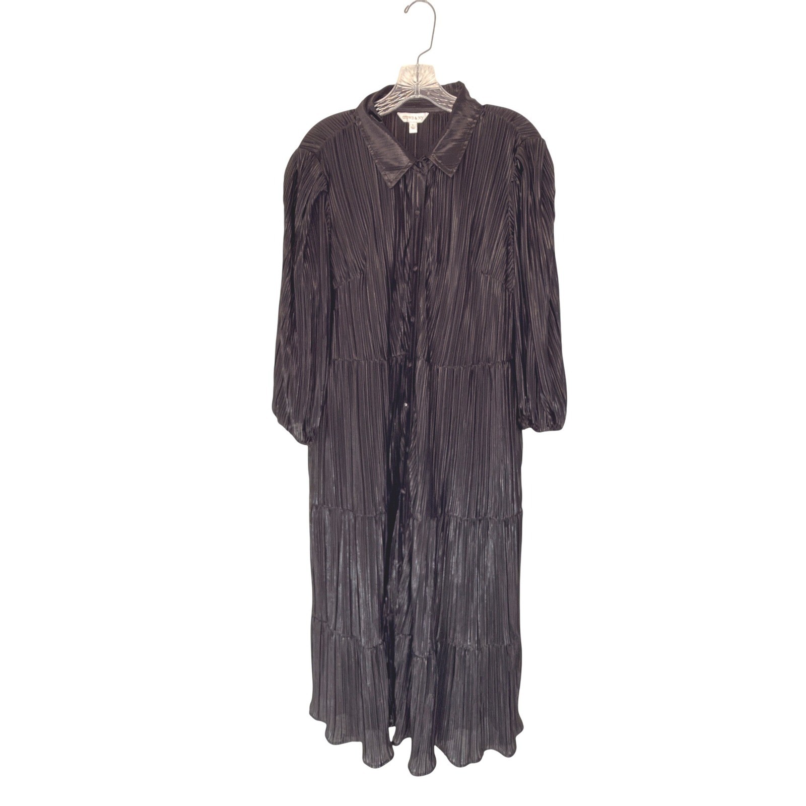 Crown & Ivy Midi Dress Black Satin Pleated Button Up Long Sleeve Classy Large