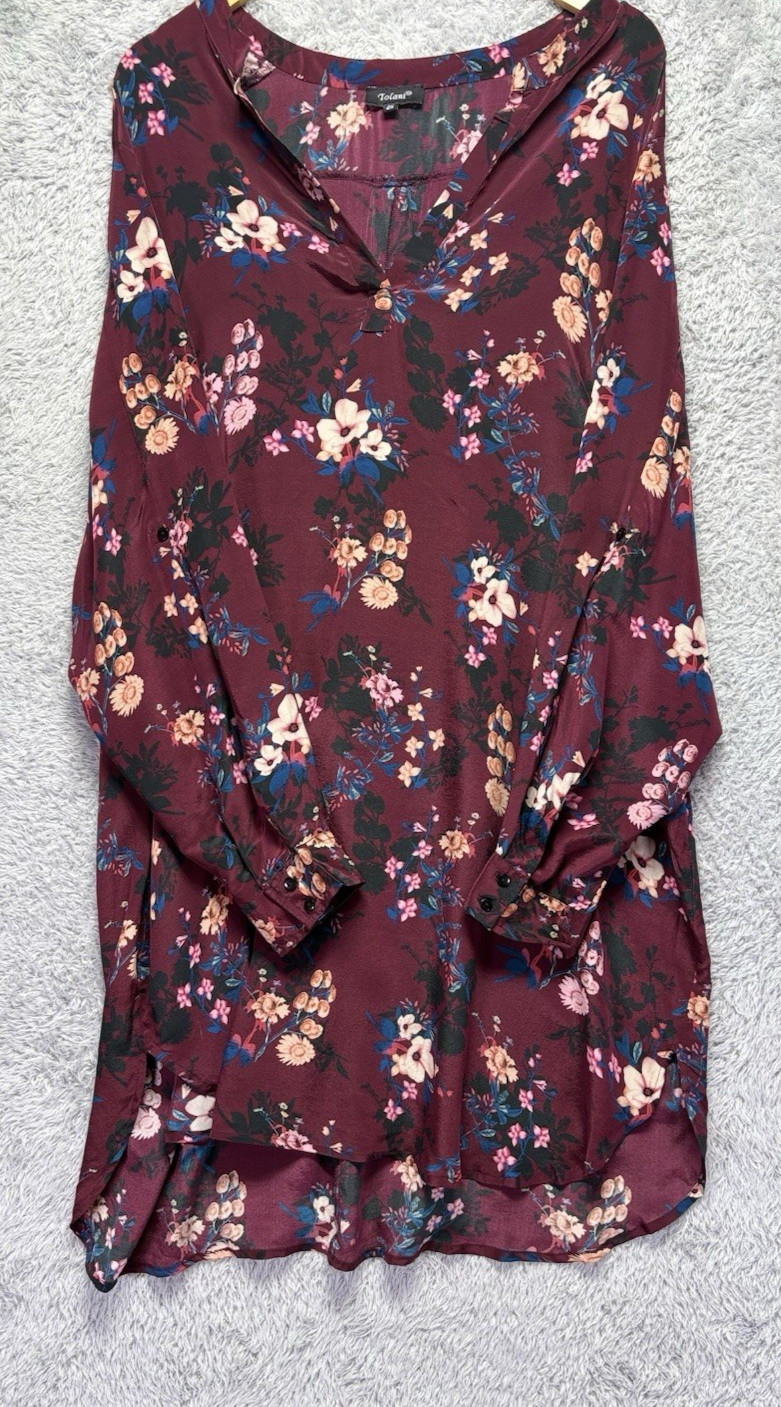 Tolani Burgundy Floral Mandala Silk High Low Tunic Dress Boho 2X Women’s Plus