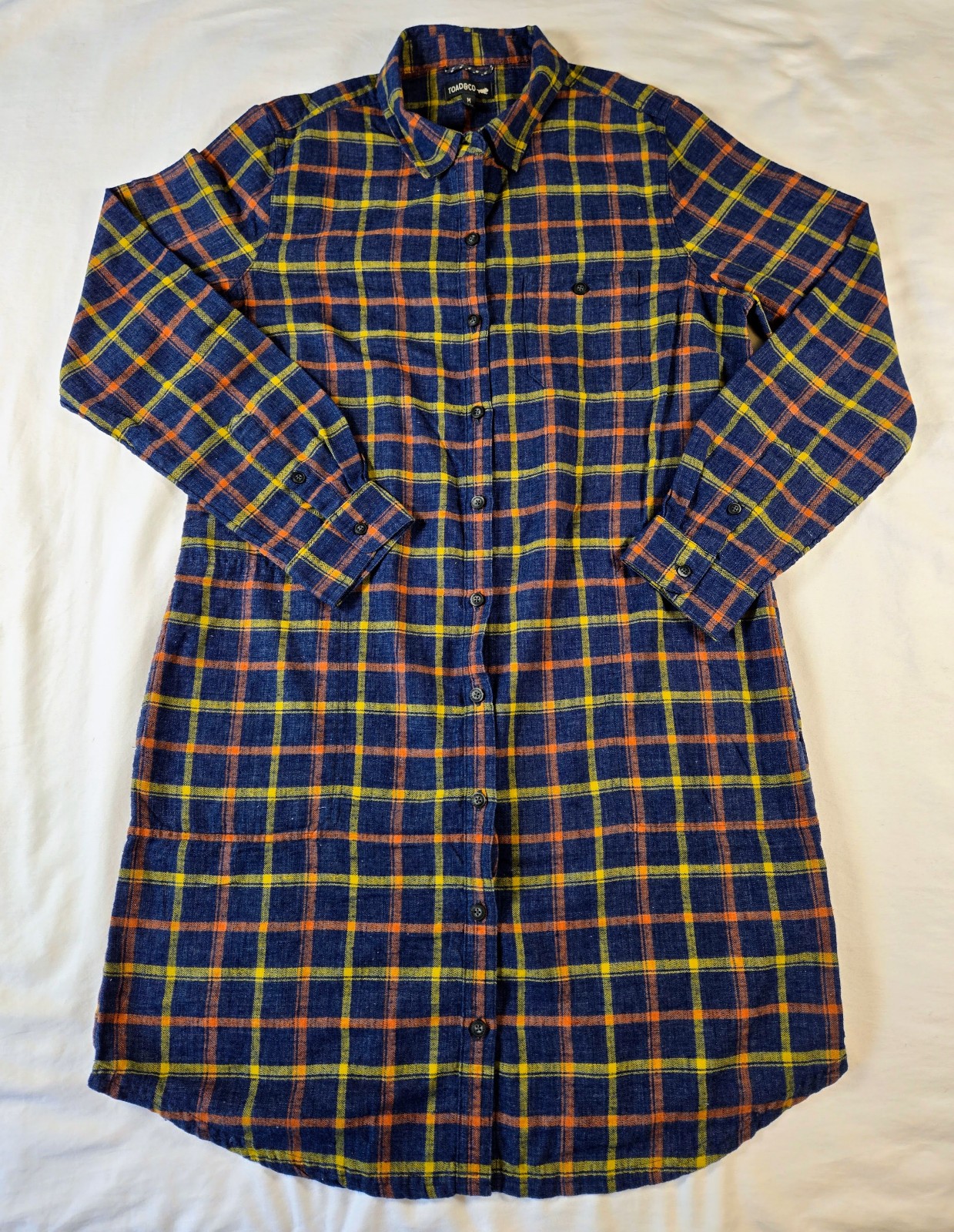 Toad&Co Shirt Dress Shift Medium Blue Flannel Cotton Long Sleeve Button Down