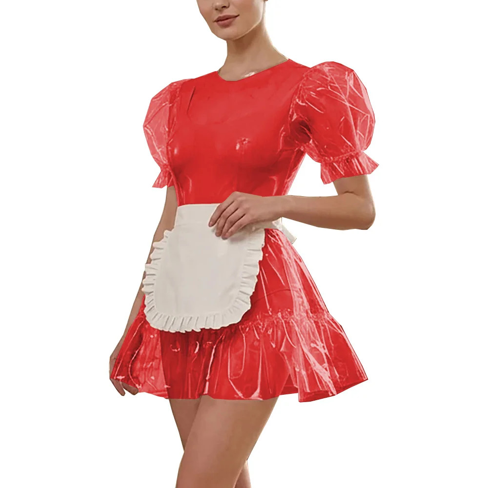 Clear PVC Maid Outfits Lockable Puff Sleeve Dress Apron Cosplay Party Costume