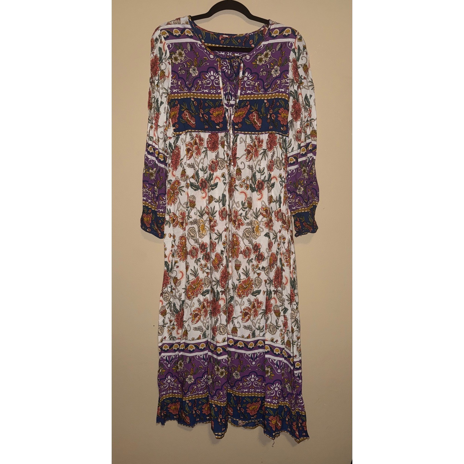 Boho 100% Cotton Floral Paisley Mixed Print Long Sleeve Maxi Dress M Artsy