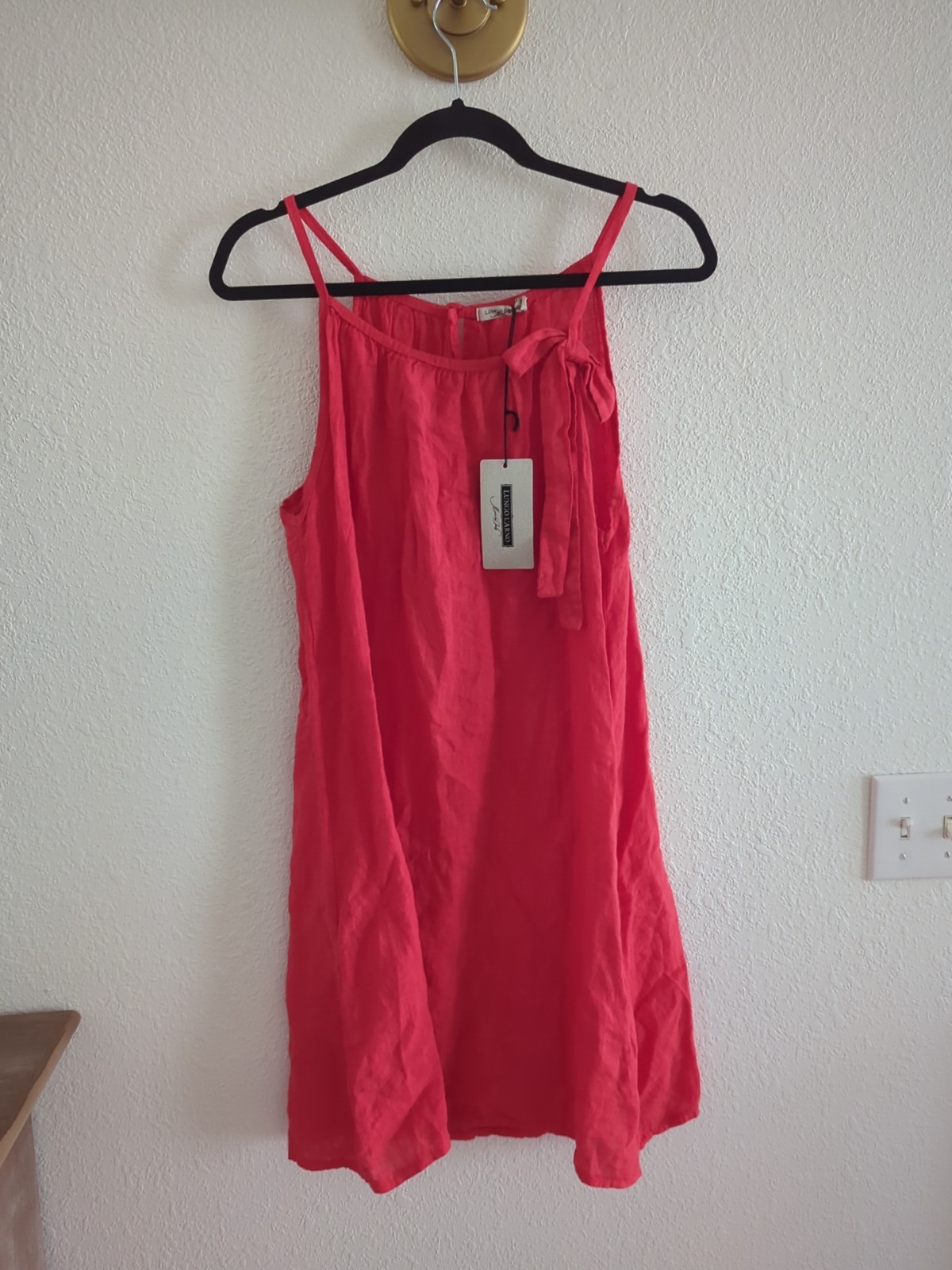 Lungo L’Arno Italy 100% Linen Shift Dress Poppy Bow Shoulder Womens Medium NEW