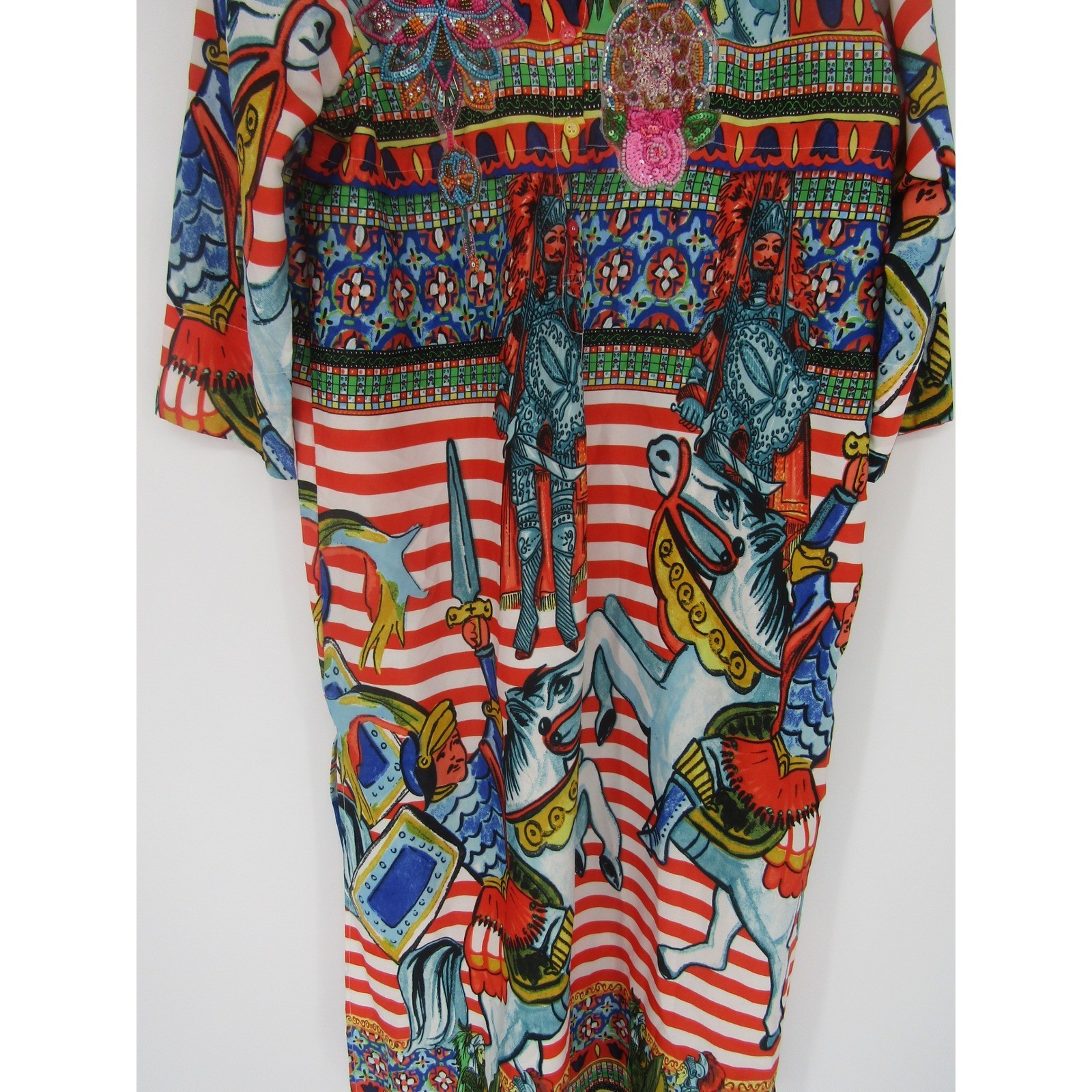 Antica Sartoria Dress Womens L Red White Striped Knight Horse Beaded Maxi