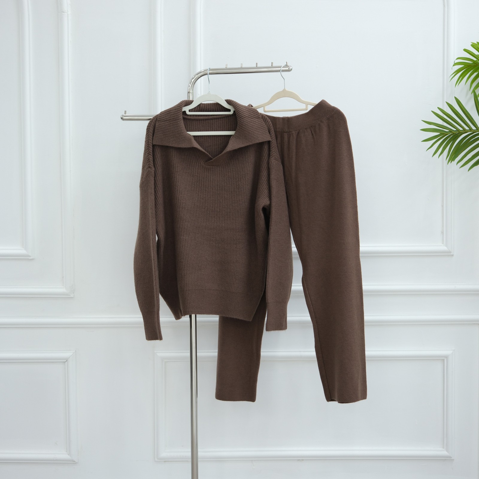Tow Piece Pant Set Women Knitted Sweater Full Sleeve Loose Casual Trousers Suits