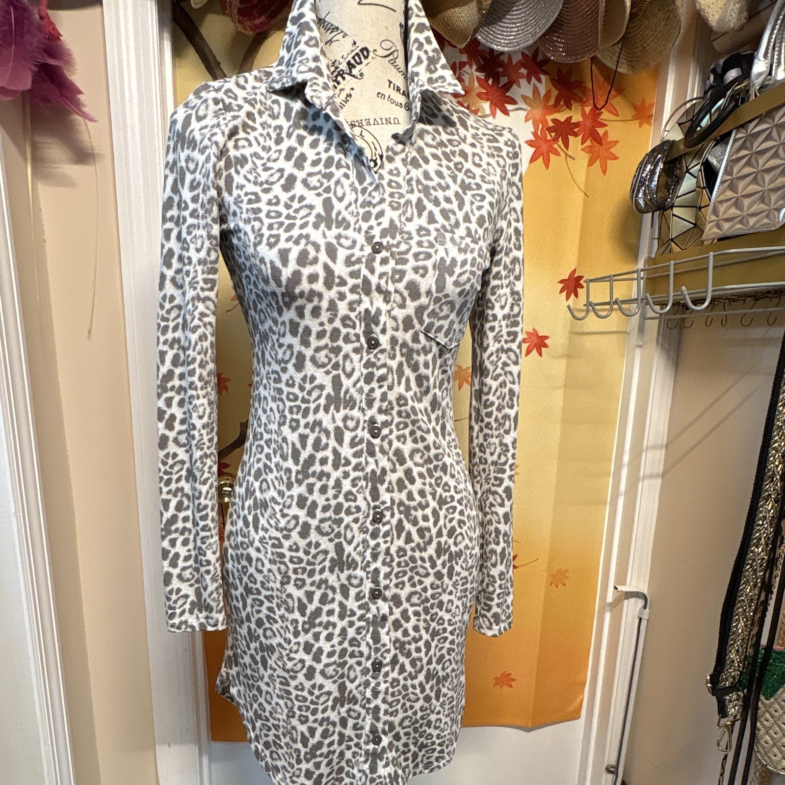 Leopard Animal Print Collared Button Front Shirt Dress S