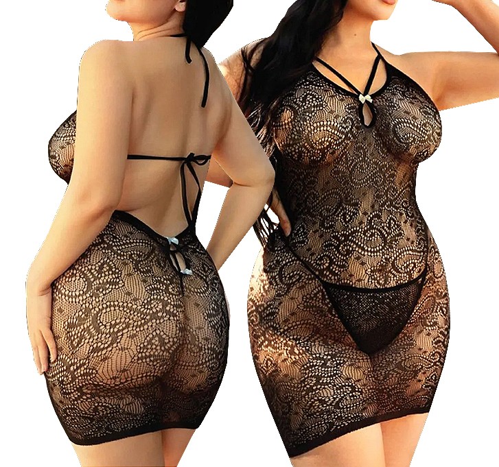 Women’s Sexy Plus Q-Size Black Lace Mesh Fishnet Halter Top Sheer Dress