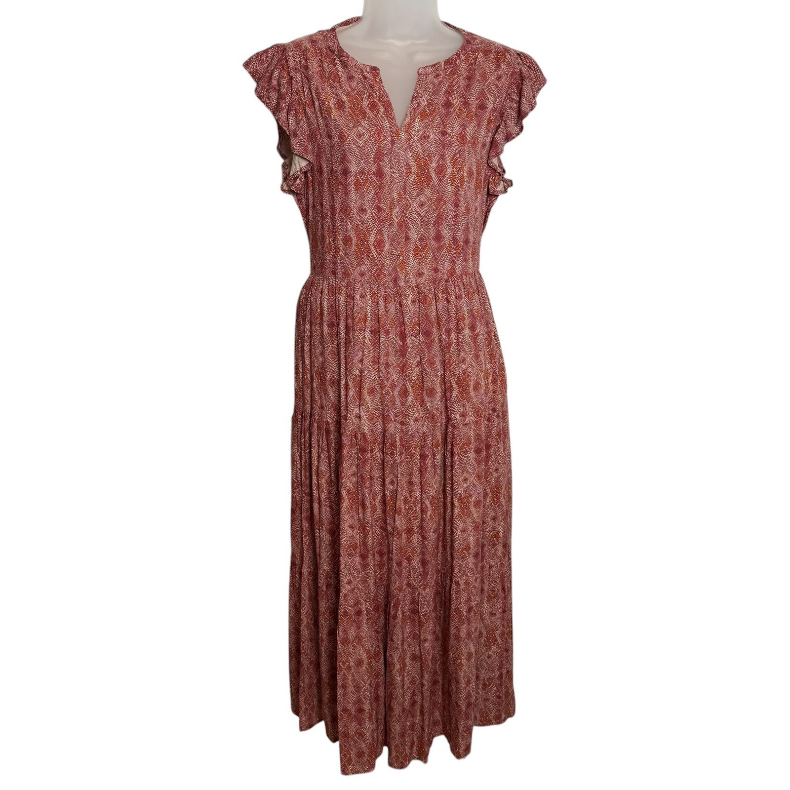 Sweet Magnolia Boho Midi Dress Medium Rust Geometric Tiered Flutter Sleeve