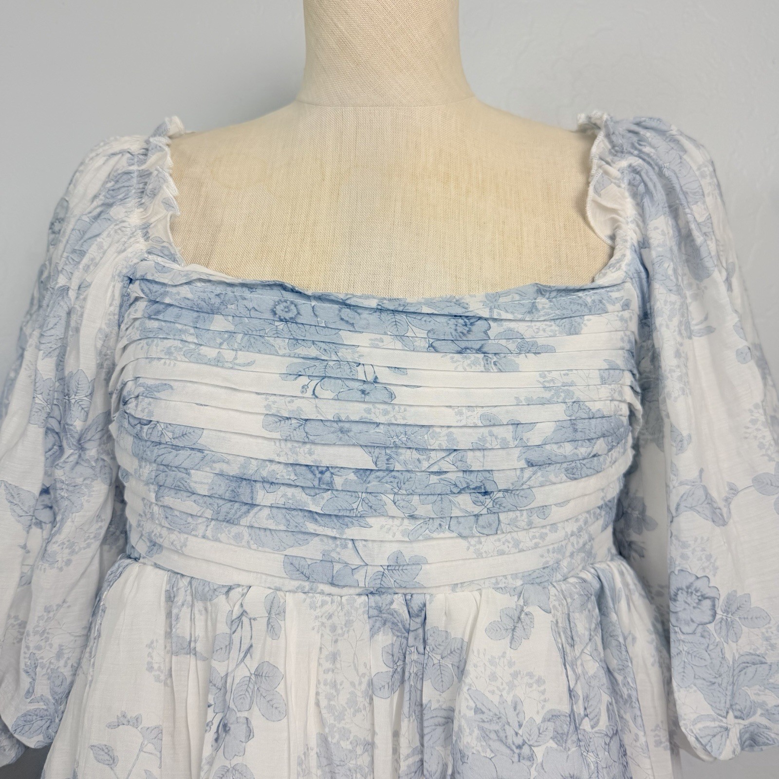 Sofie The Label Blue Floral Puff Sleeve Open Back Melody Mini Dress M Cottage