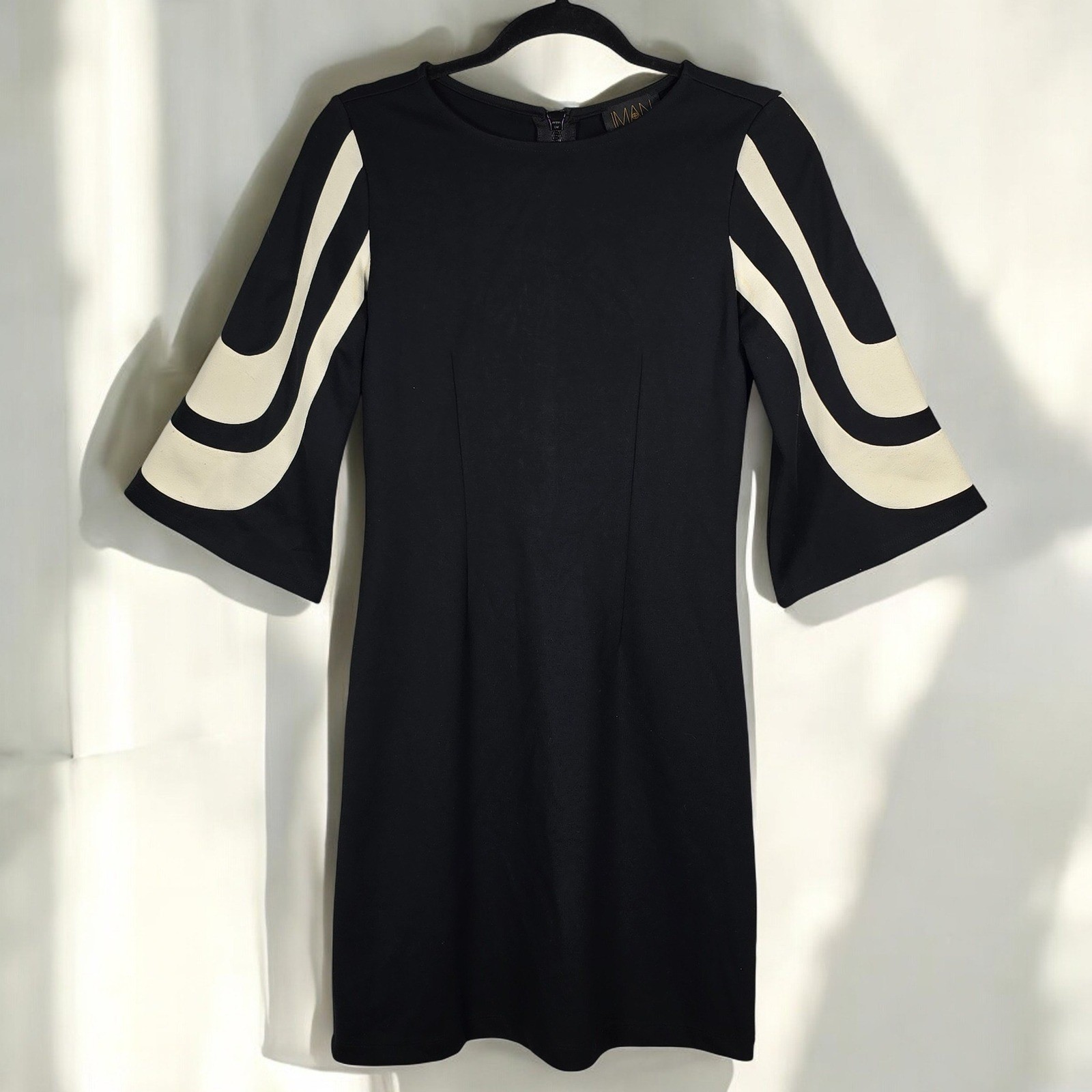 IMAN Dress Women XS Knit Black White Stripe Bell 3/4 Sleeve Sheath Back Zipper