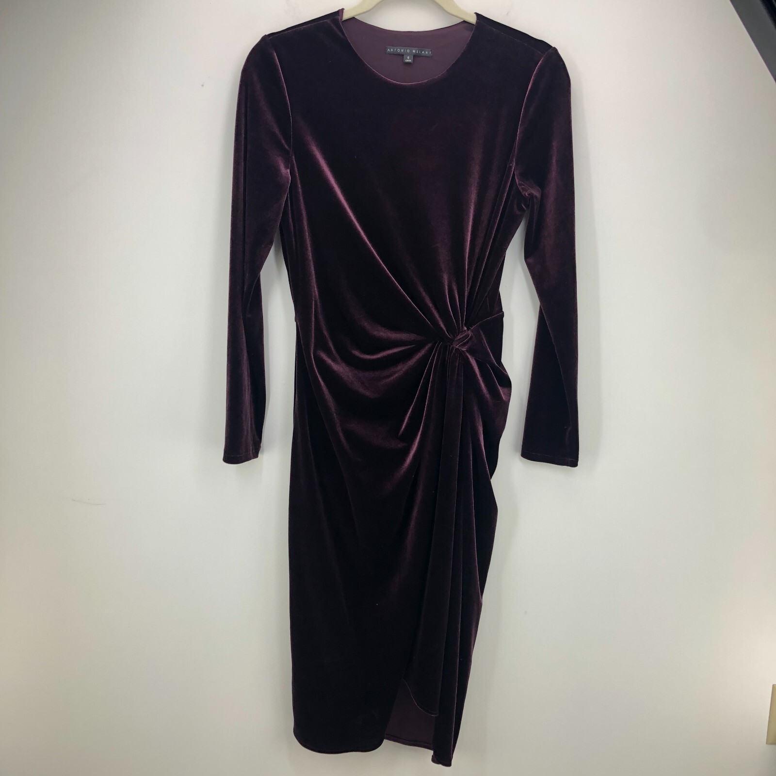 Antonio Melani Womens Velour Faux Wrap Long Sleeve Dress SZ 6 Maroon Lined READ