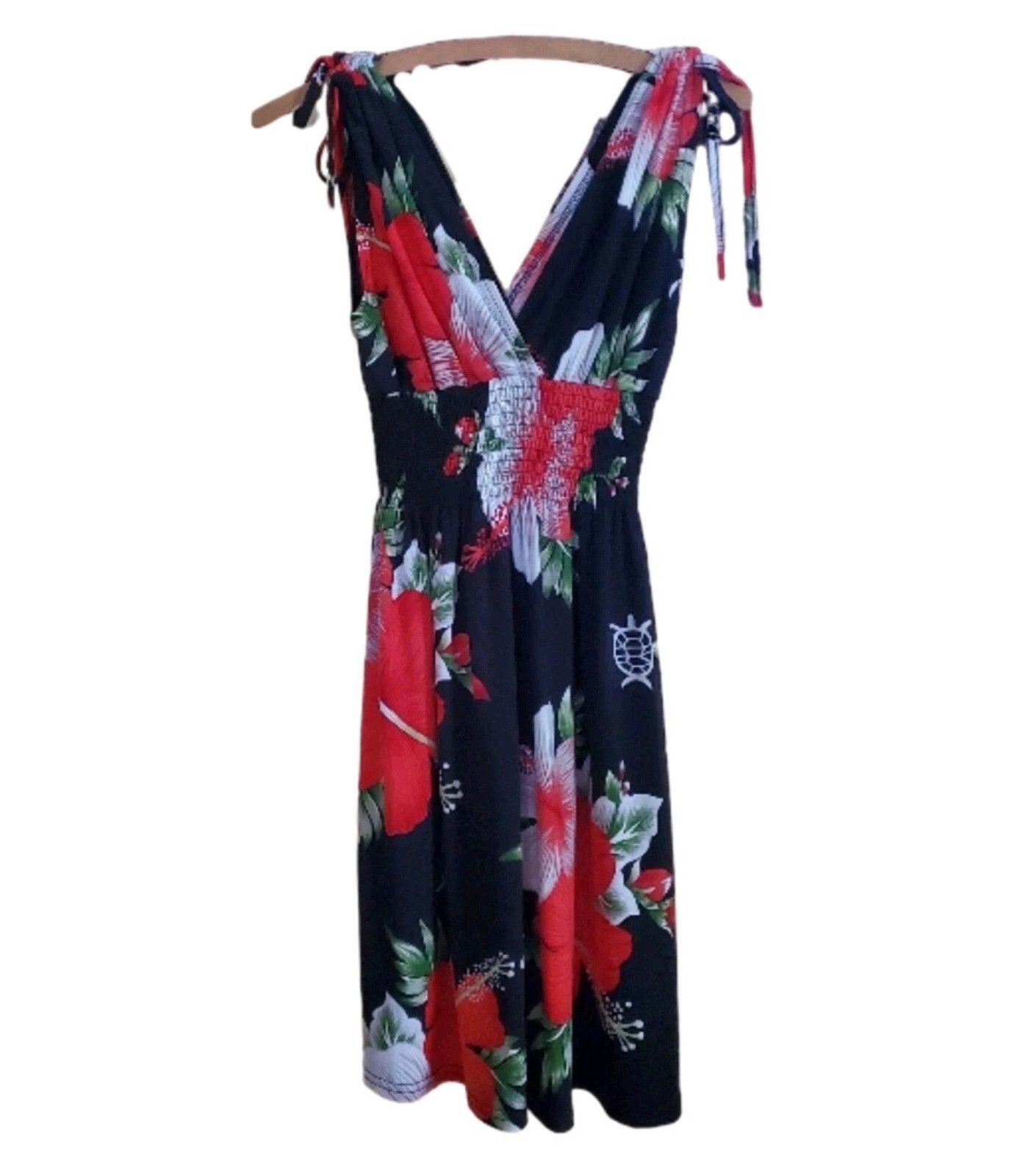 Boho Tropical Floral Beach Mini Dress S Smocked Empire Waist V-Neck Shoulder Tie