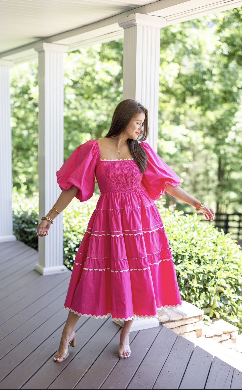 Pink tiered midi dress smocked bodice scalloped piping ric rac trim NWT Size S