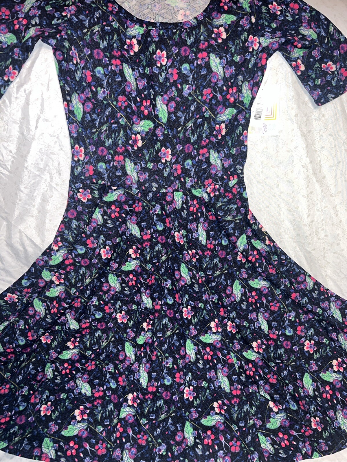 Lularoe Nicole Dress Blue Pink Pansy Peony Cherry Blossom Medium 10/12 8/10 New