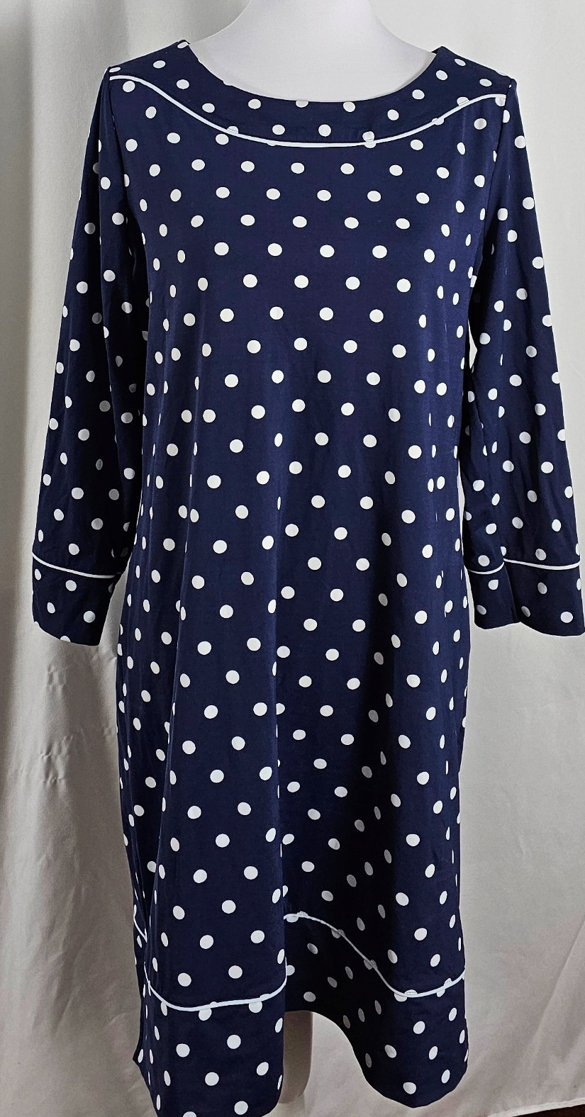 Lands End Womens Dress Navy Blue White Dots Knee Length Nylon Spandex 10 12