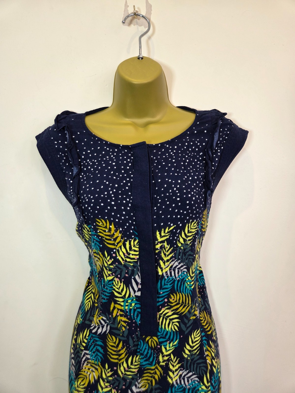 White Stuff Size 14 Navy Blue Gold Sleeveless Belt Leaf Print Autumn Tunic Dress