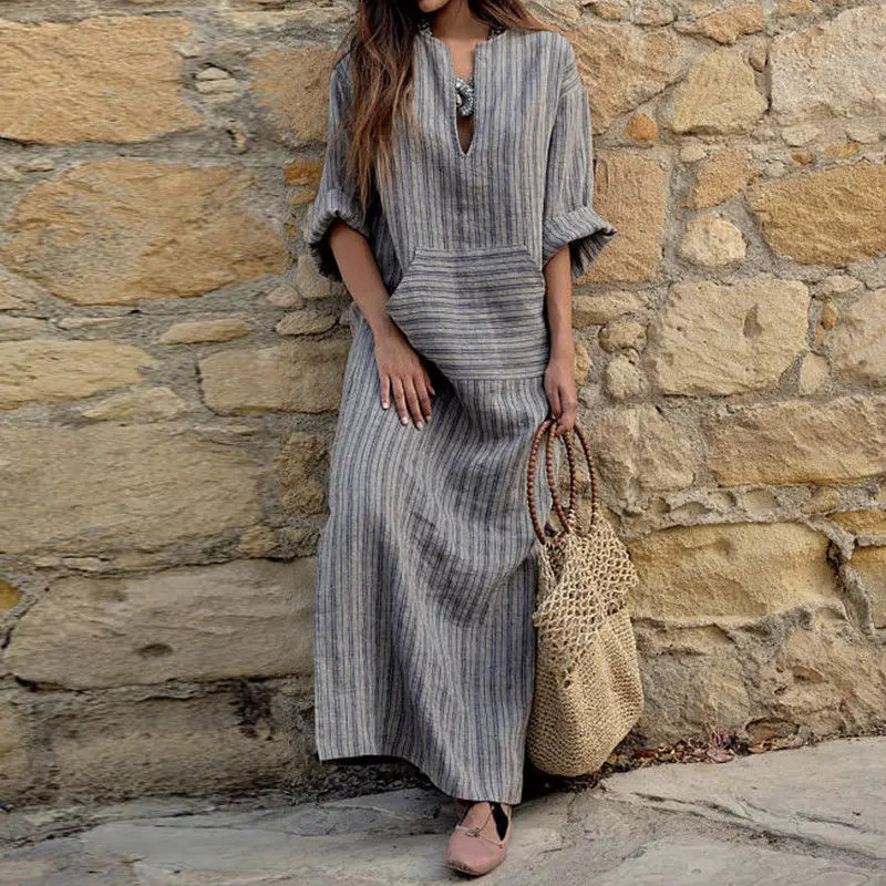 Women’s Casual Loose Short Sleeve Dress, Cotton Linen Folds, Boho Long Dress