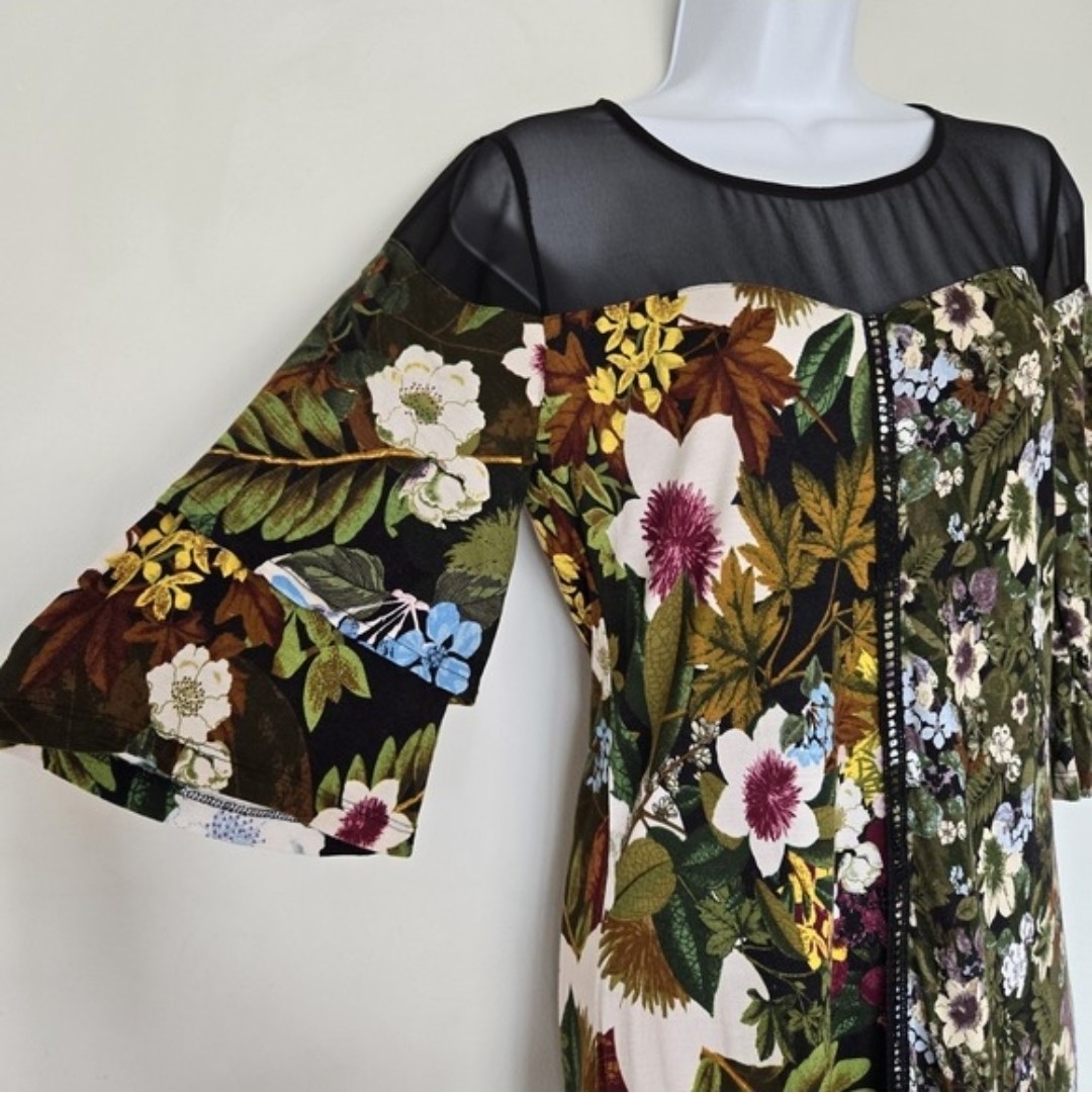 Desigual Morgana Floral Patchwork Dress Sze S Sheer Mesh Bell Sleeve Cottagecore
