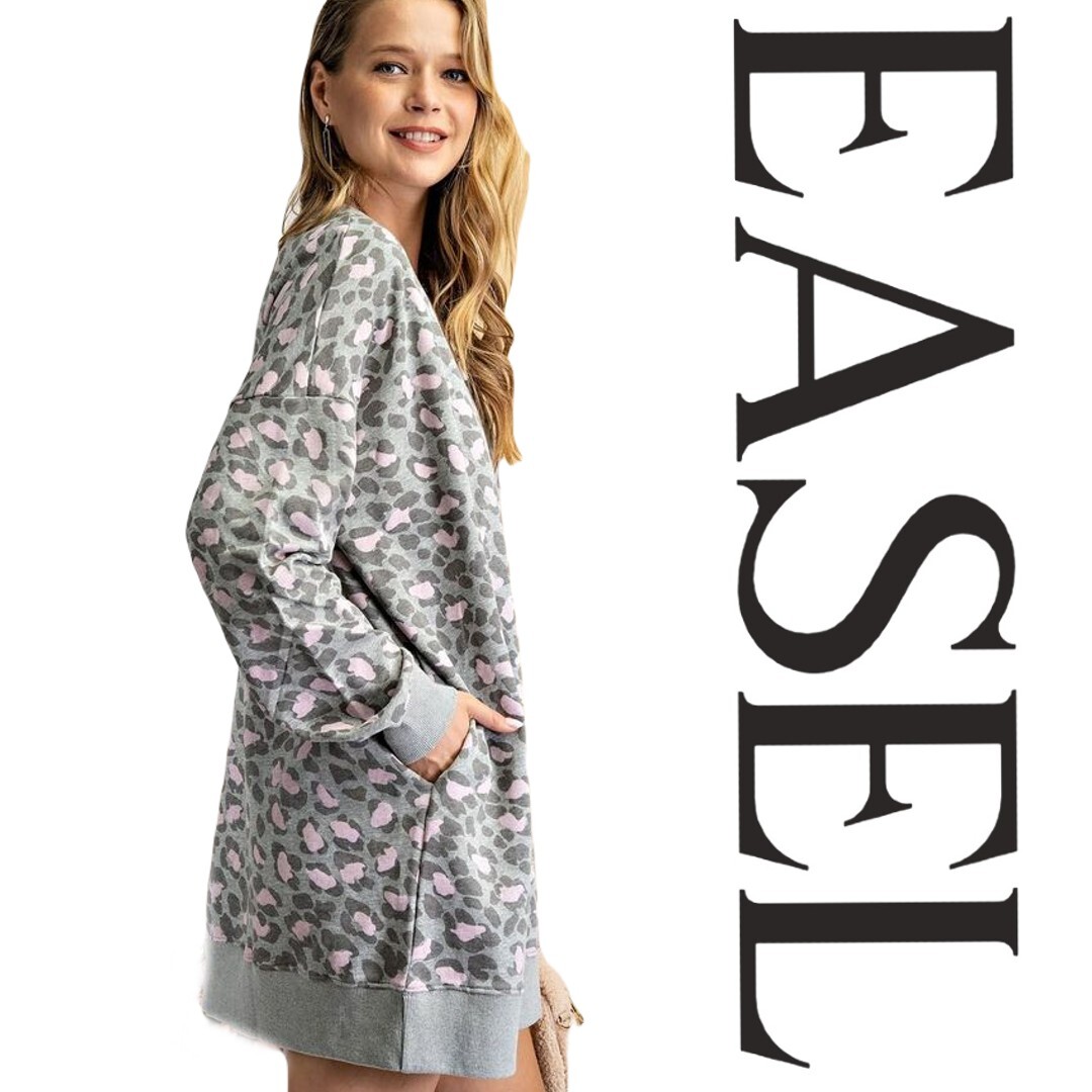 SIZE S-L EASEL HEATHER GREY LS LEOPARD PRINTED TERRY KNIT DRESS BHCS