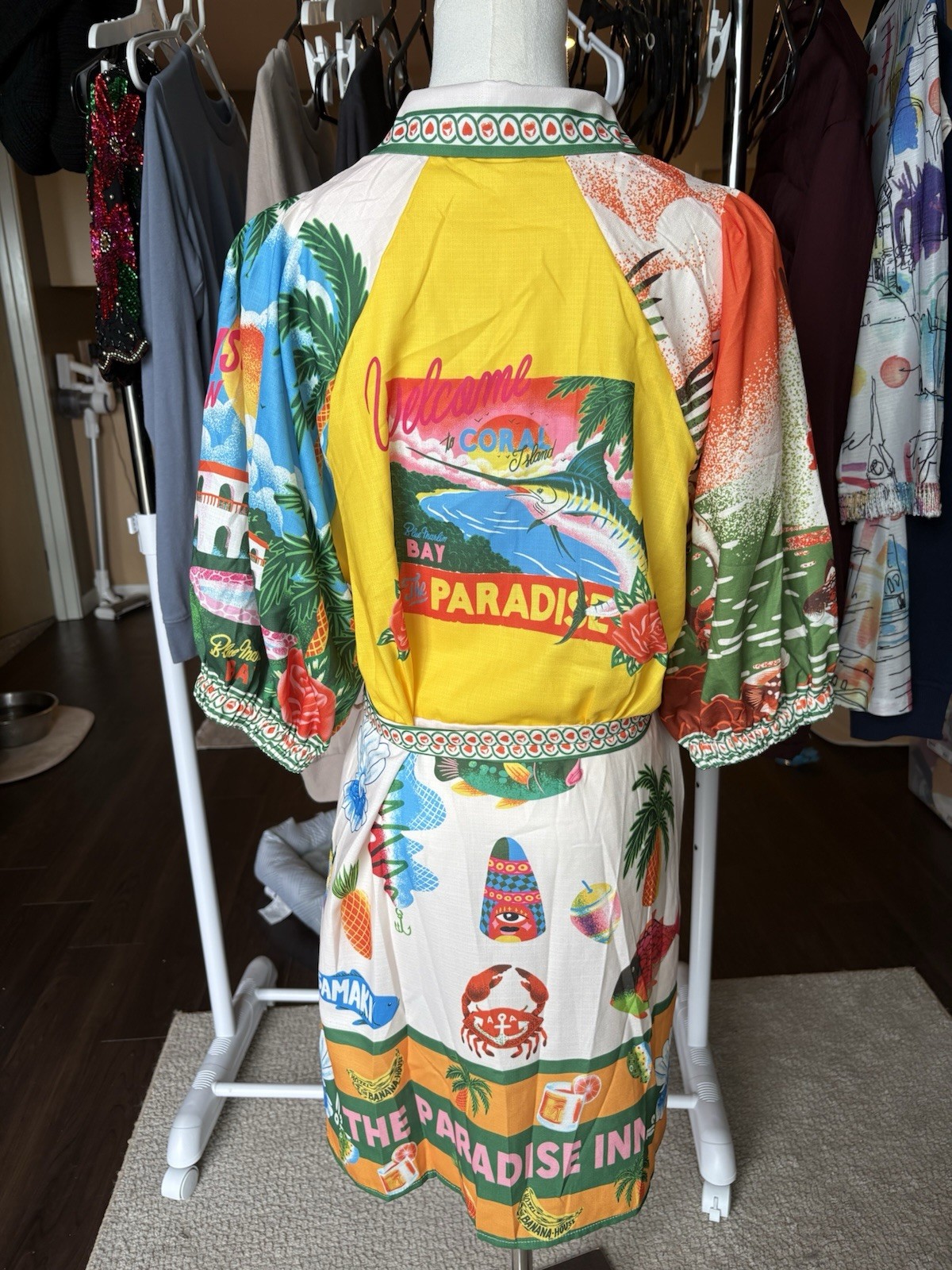 Tropical Patchwork Mini Dress XL Resort Print Designer Inspired Puff Sleeve