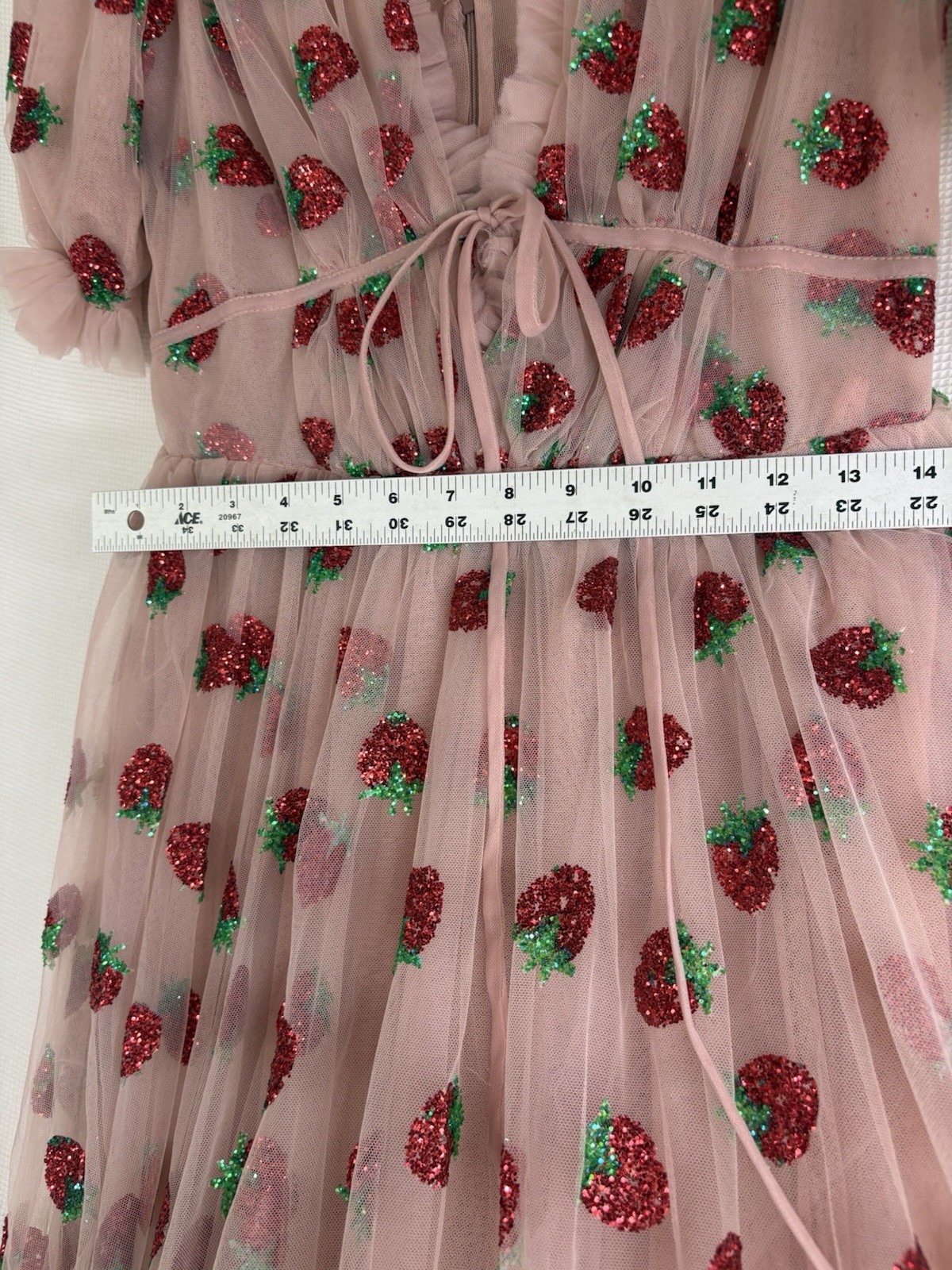 Lirika Matoshi Pink Strawberry Tulle Dress Puff Sleeve Midi V-Neck Lace Up Sz M