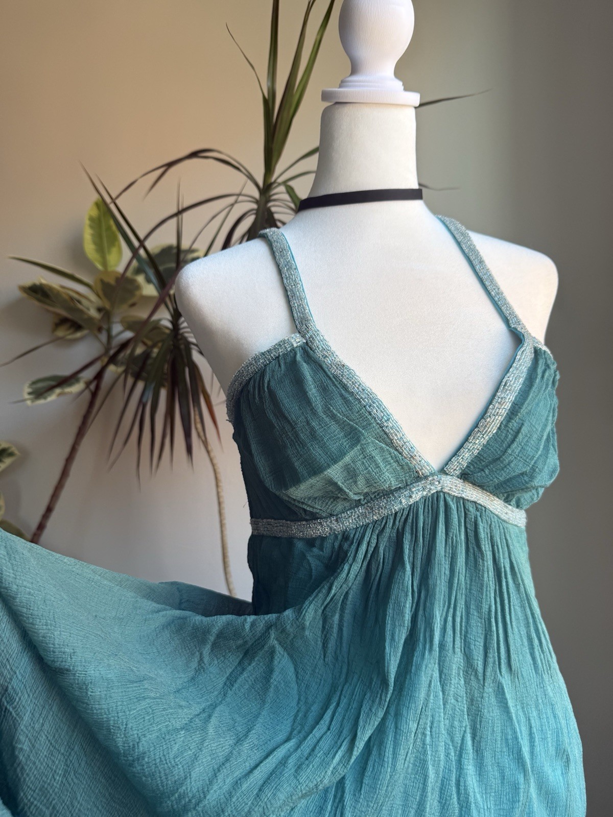Vintage Teal Gauze Babydoll Dress | Y2K Boho Beaded Slip Dress Fairycore Sz M