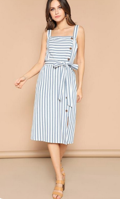 Shein Dress Womens XS White Blue Striped Button Through Side Pockets Belted