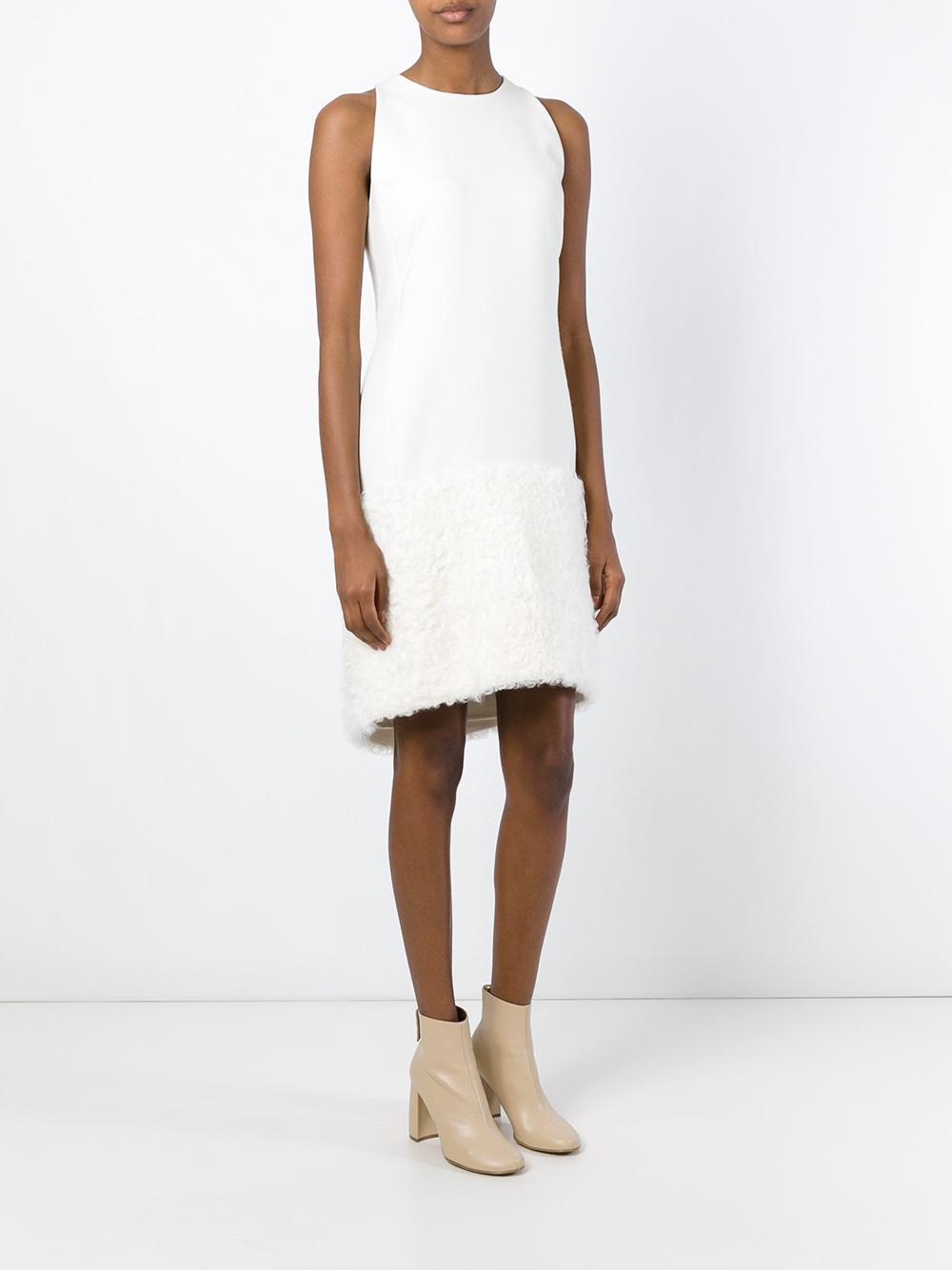 Akris Shearling Fur-Trimmed Apron Ivory Dress Size 12