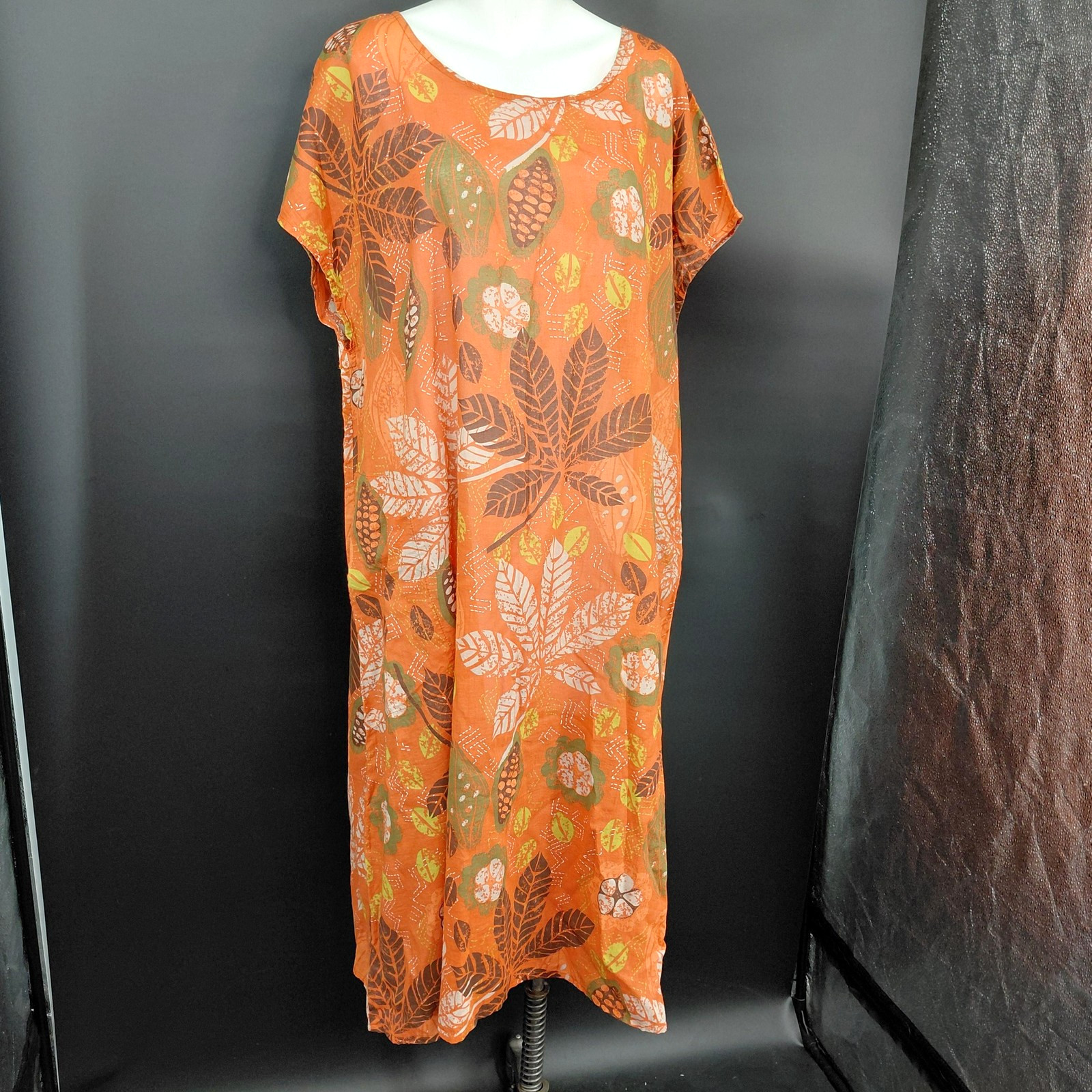 Gudrun Sjoden Dress Womens XL Orange Leaf Print Kaftan MuuMuu Maxi Organic Boho
