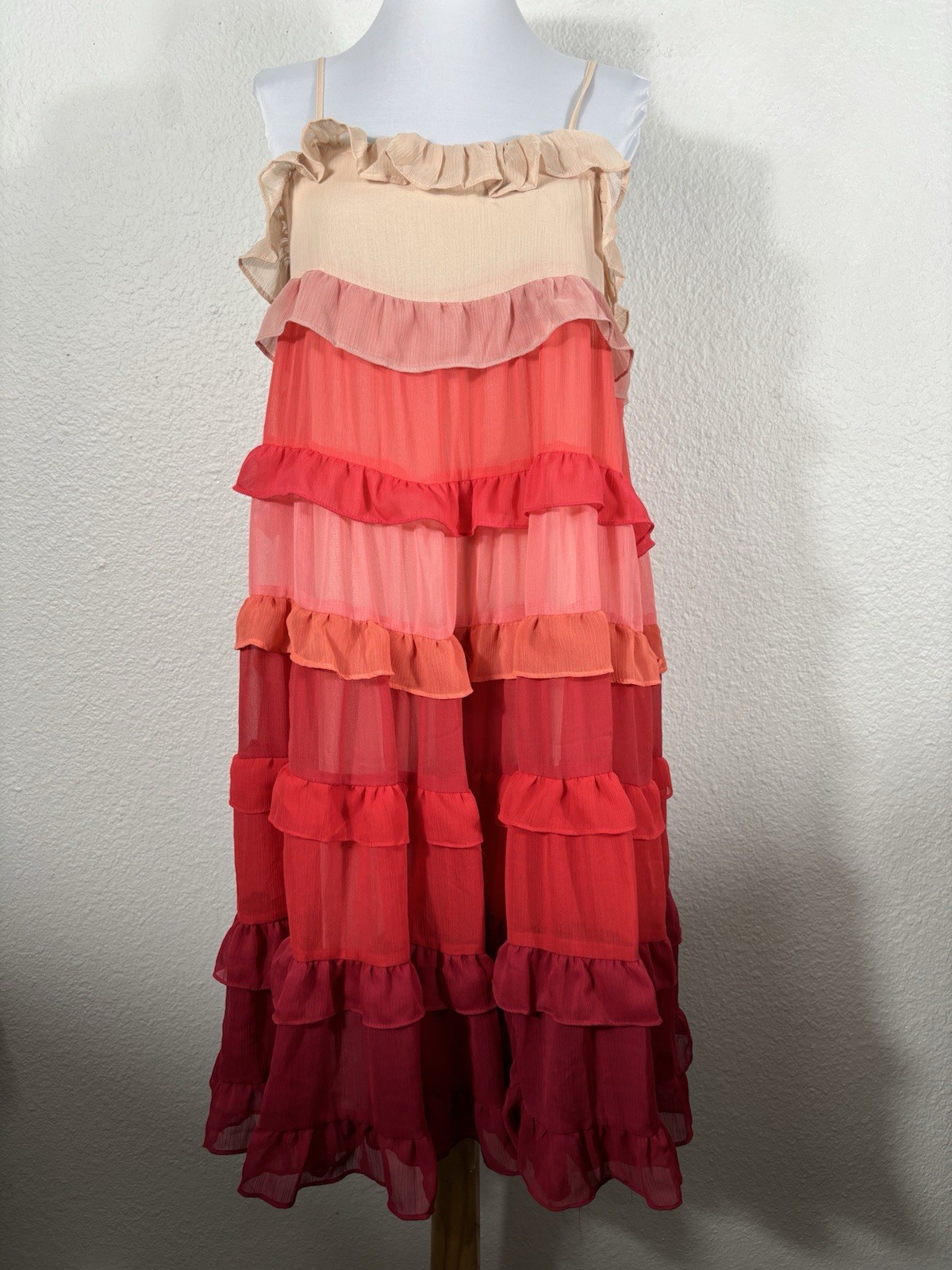 Storia Ombré Dress Women’s Size Small Chiffon Tiered Babydoll Red Orange Layers