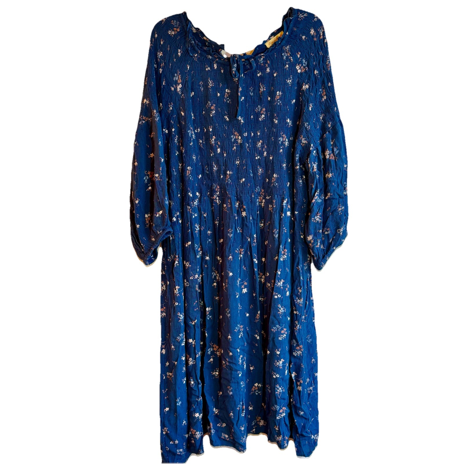 Sweet Magnolia Womens Smocked Prairie Dress 2X Blue Floral 3/4 Sleeve Smocked
