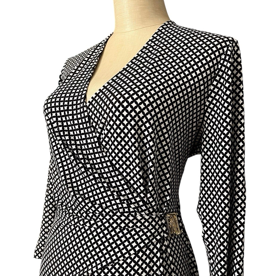 Anne Klein Faux Wrap Dress Black White Elegant Classic Women’s Large Vintage