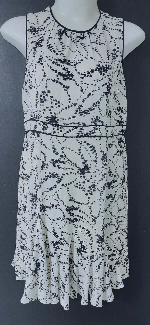 Talbots Petites Sz 16 Dress White Black Floral Print Lined Non Iron Sleeveless B