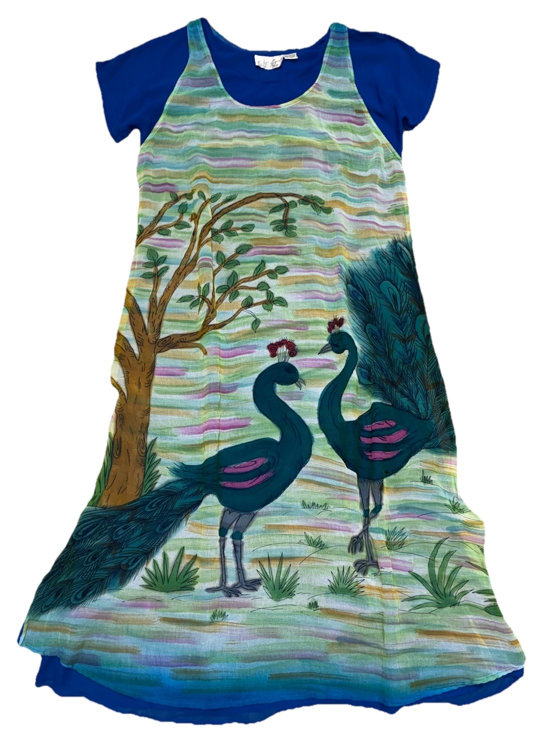 Vtg Dalin Shift Dress M Blue Peacock Painted Wearble Art Two Layer Boho *flaw