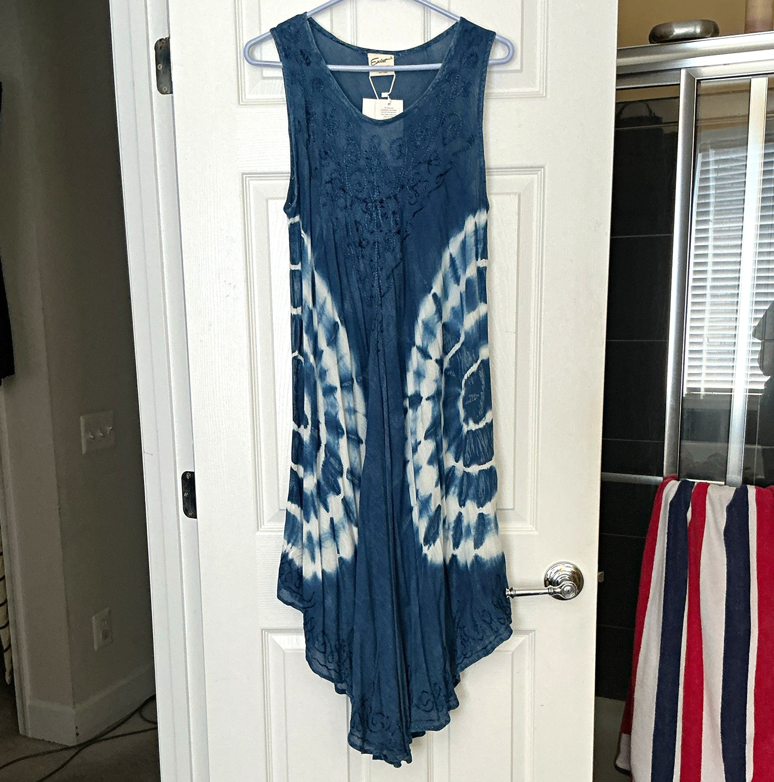 Exist Blue/White Tie Dye Shift Midi Dress One Size Sleeveless V-Neck Embroidered
