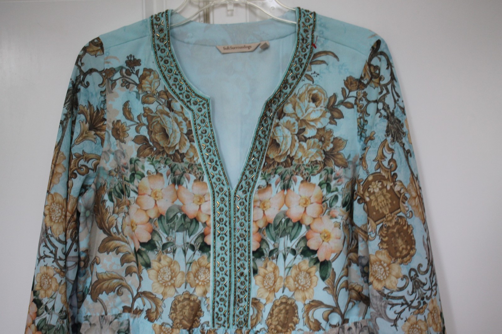 Soft Surroundings Blue Gold Floral Baroque Bead V-Neck Tier Maxi Dress M SUPERB!
