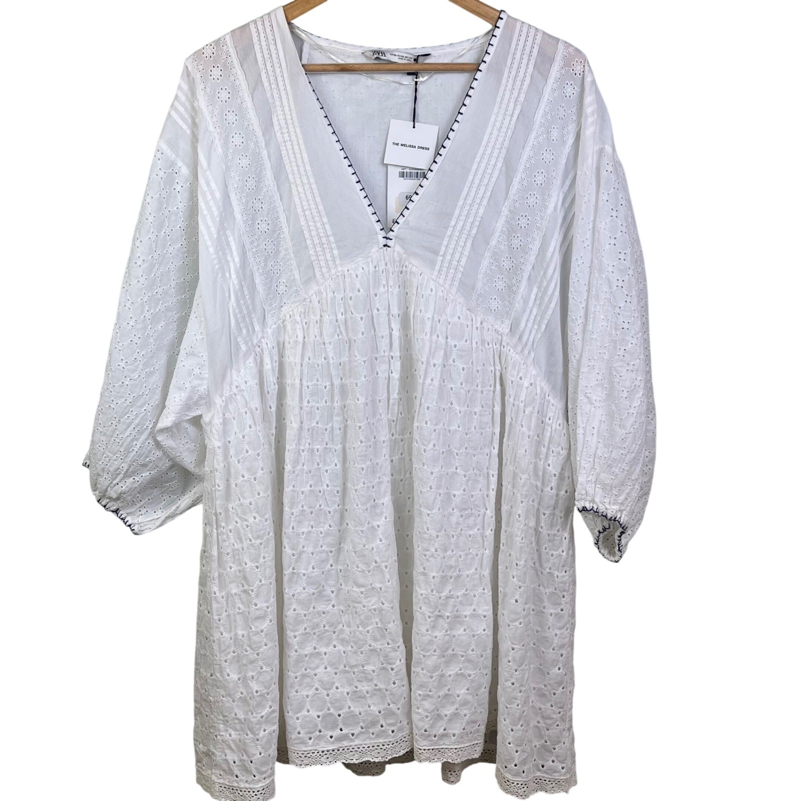 Zara Melissa Dress White Eyelet Embroidery Babydoll V Neck Mini XXL NWT